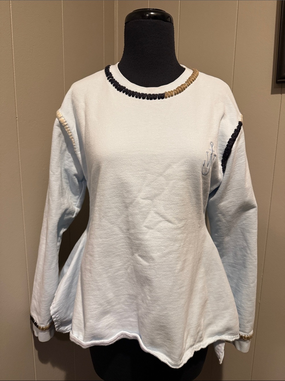 JW ANDERSON Women’s Baby Blue White Sweatshirt with Navy and Tan Trim